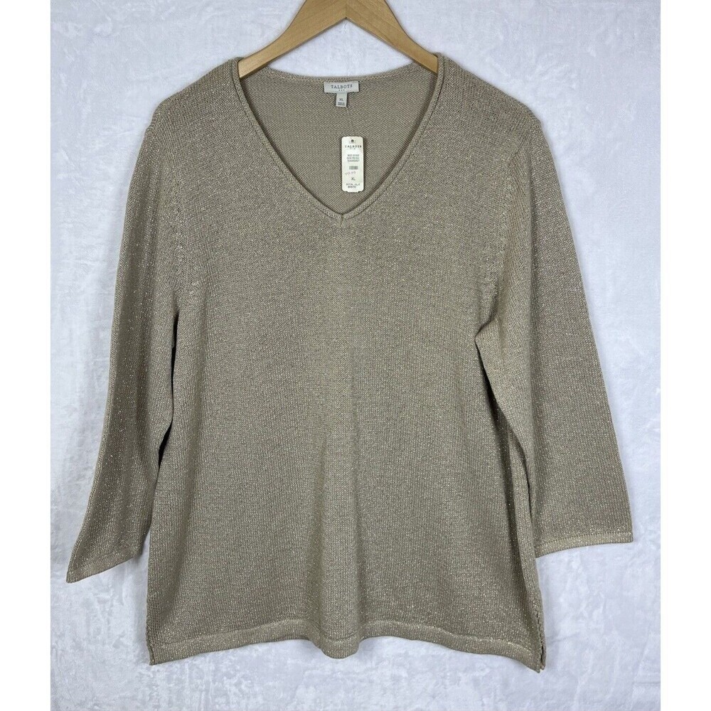 Talbots Pullover Sweater Women's V-Neck Tan Shimmer Size XL X-Large NEW